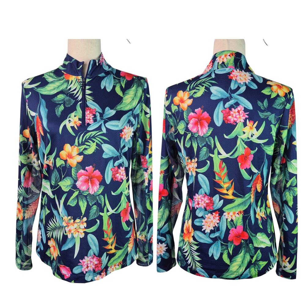 Gottex Blue Green Pink Floral Activewear Sun Shirt Mock Neck 1/2 Zip Shirt Top S